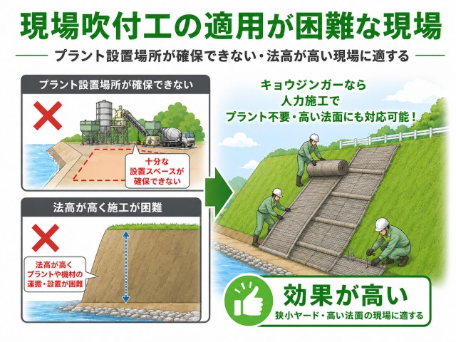 プラント設置場所の確保が困難な現場や、のり高が高い現場など、吹付工の適用が困難な箇所で効果が高い。