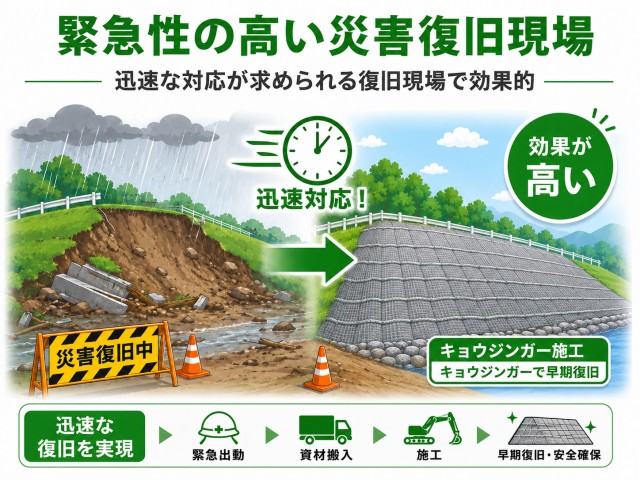 災害復旧現場など、早期施工が求められる現場に適している。