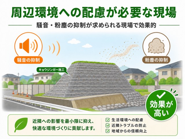 騒音、粉じんなど、周辺環境への配慮が必要な現場に適している。