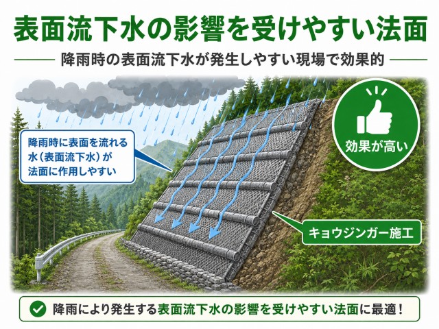 降雨などにより表面流下水の影響を受けやすいのり面で効果が高い。