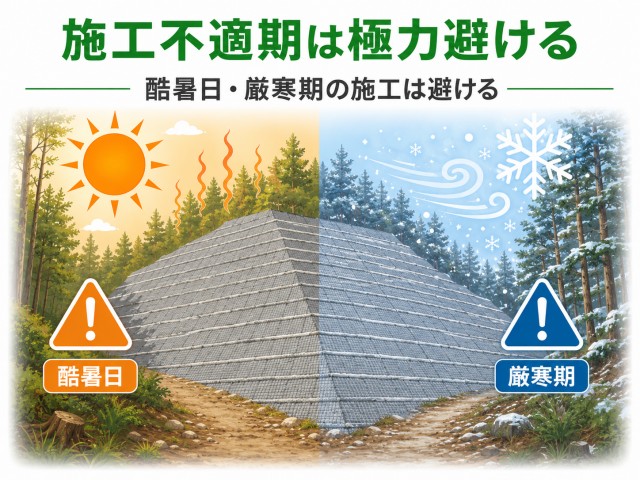 酷暑日・厳寒期など、施工に適さない時期は施工を避ける。