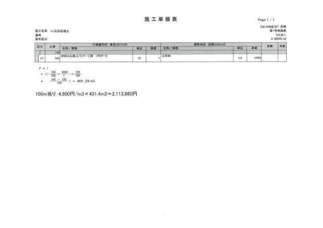 施工単価表（Fe石灰処理土）